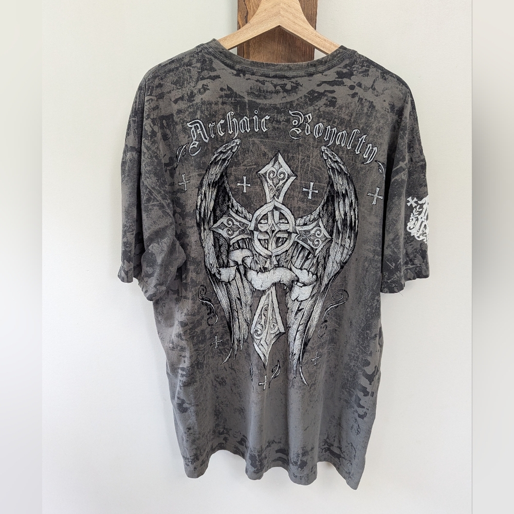 Affliction Archaic Grunge Cross Angel Graphic T-Shirt Goth Y2K